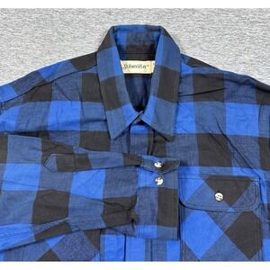 St. Johns Bay Shirt Mens XLT Blue Black Plaid Flannel Button Up Vintage USA Made
